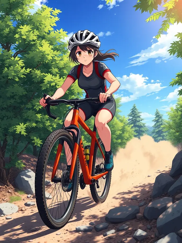 A young cyclist successfully navigating a challenging mountain bike trail, showcasing skill development and achievement.