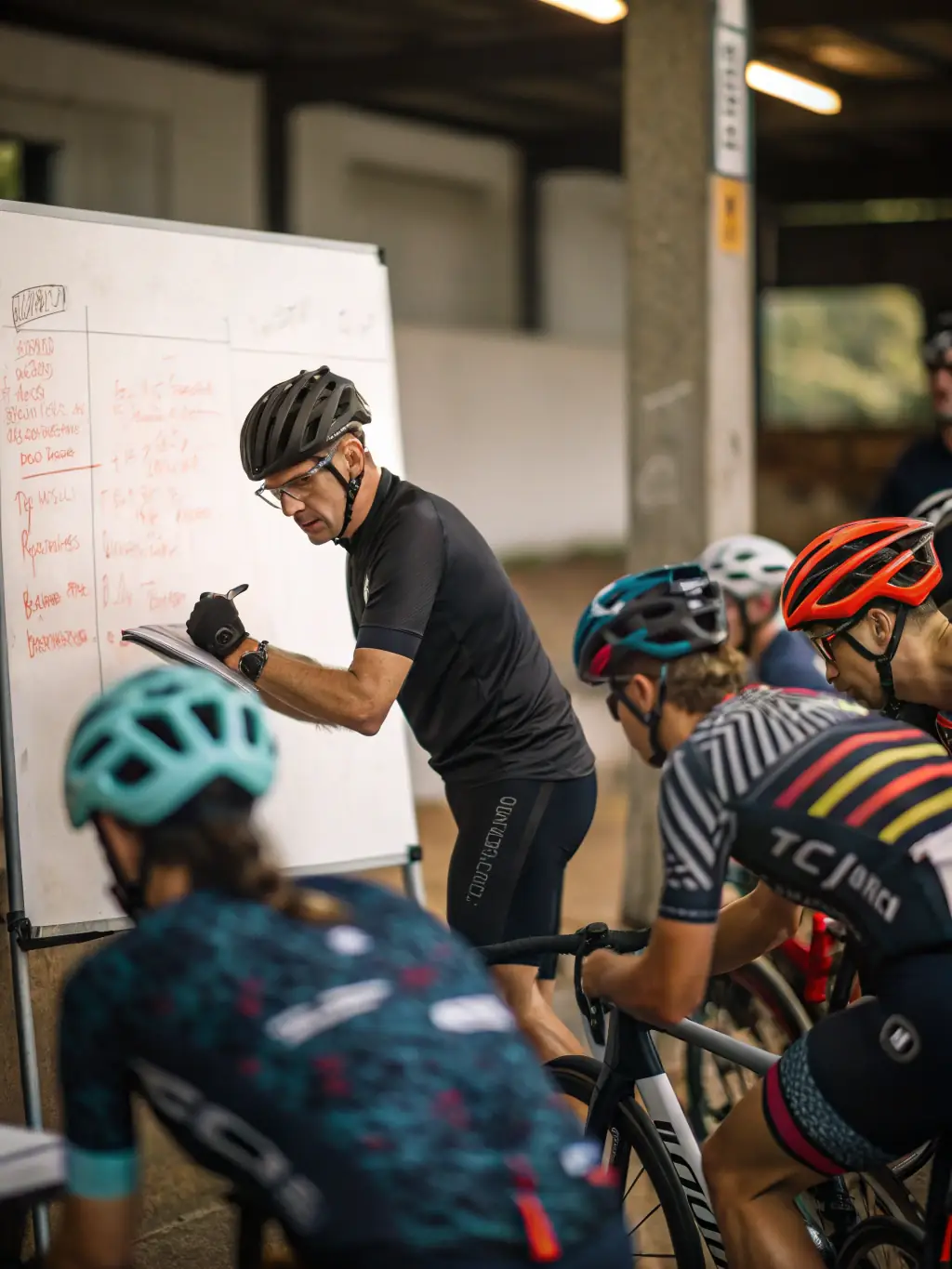 Cyclists attending a workshop focused on technical riding skills and safety protocols, led by experienced instructors.