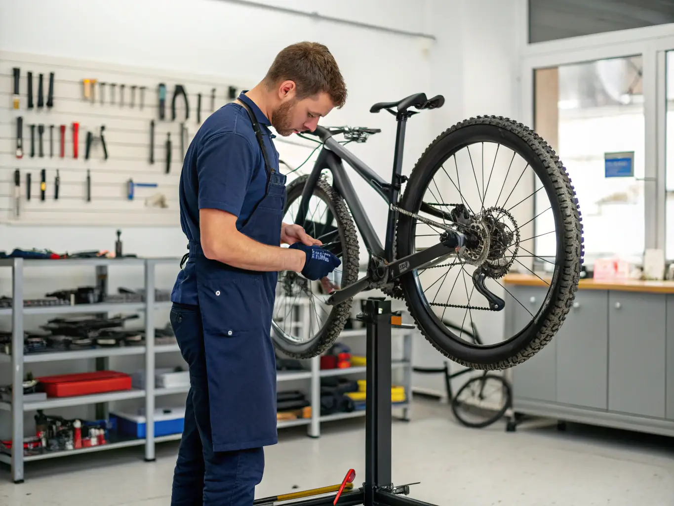 A group of cyclists participating in a workshop focused on bike maintenance and repair, led by an experienced mechanic. The image should convey the practical knowledge and hands-on experience gained through TSSS Évolution VTT's workshops.