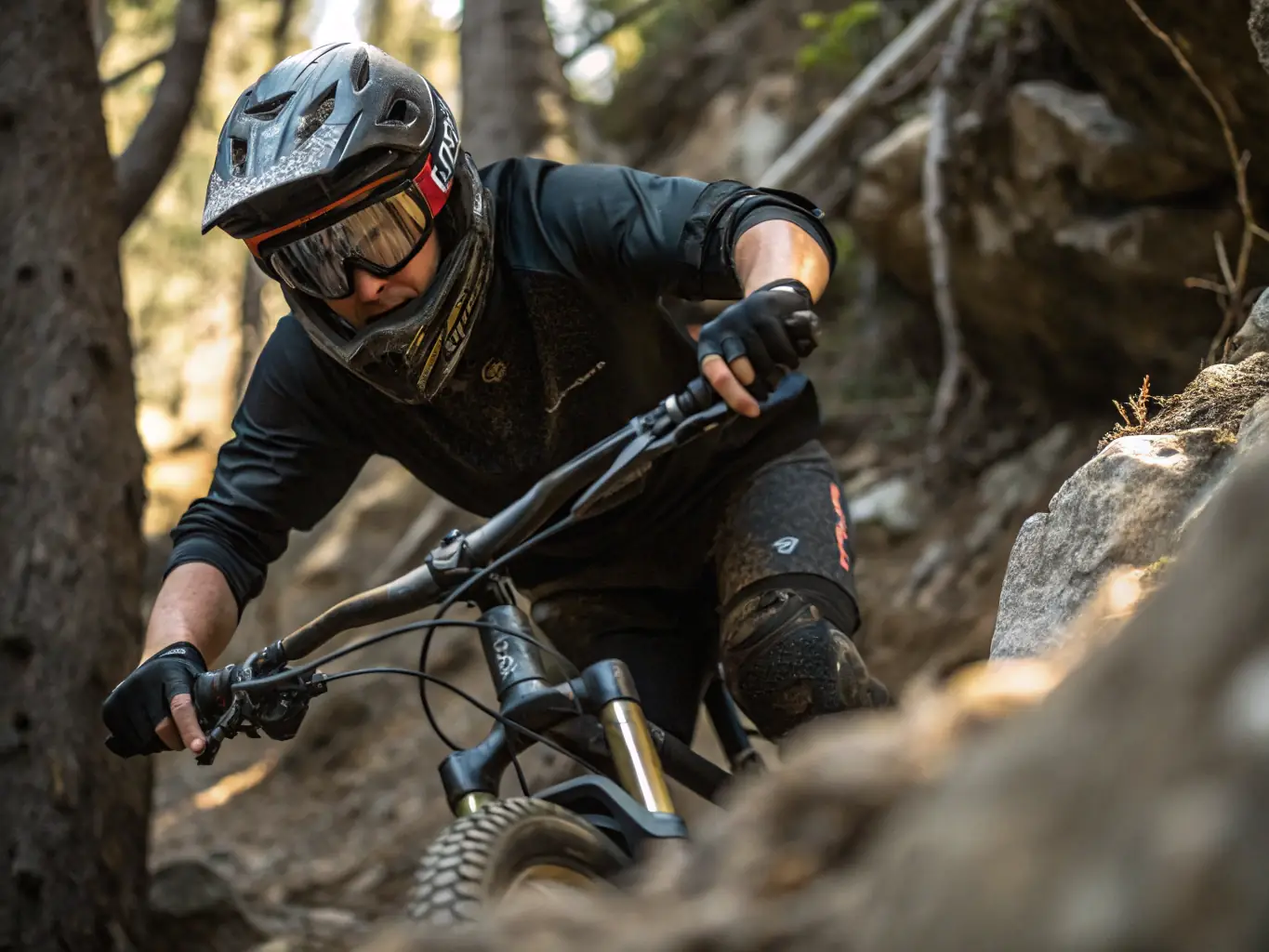 A dynamic action shot of mountain bikers navigating a challenging trail in the Vosges mountains, showcasing the thrill and skill involved in the sport. The image should capture the essence of TSSS Évolution VTT's competitive spirit and dedication to mountain biking.