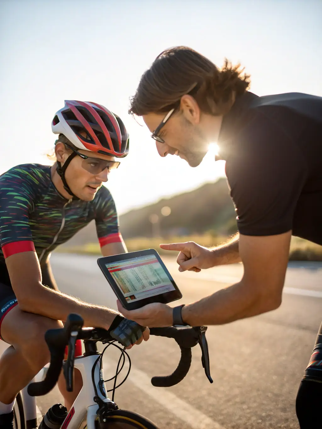 A cyclist receiving personalized coaching and feedback during a training session, focusing on improving their individual performance.