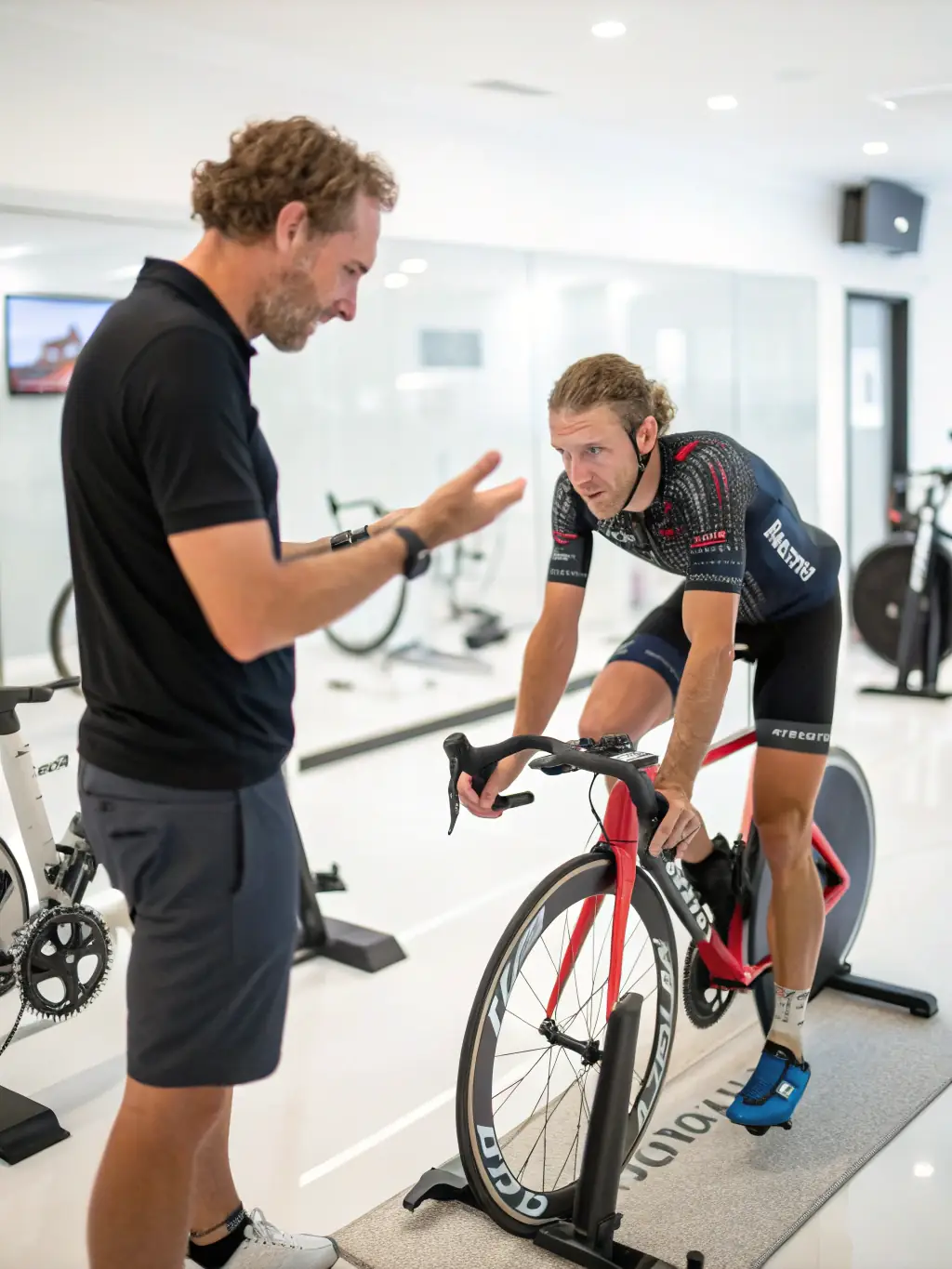 A cyclist receiving personalized coaching from an experienced trainer, highlighting the individual attention and guidance provided by the association.