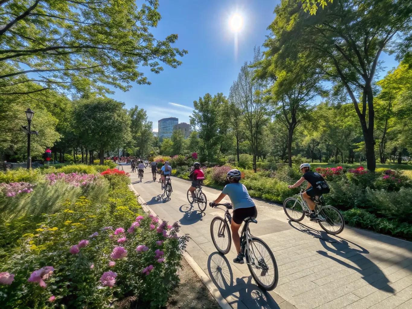 A vibrant scene from a TSSS Évolution VTT community event, featuring members of all ages and skill levels enjoying a friendly competition or group ride. The image should highlight the association's inclusive atmosphere and commitment to promoting mountain biking as a community activity.