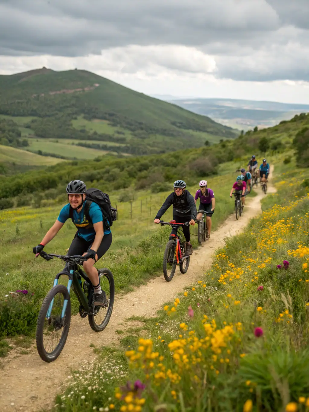 A diverse group of cyclists participating in a community ride, showcasing the friendly and inclusive atmosphere of TSSS Évolution VTT.